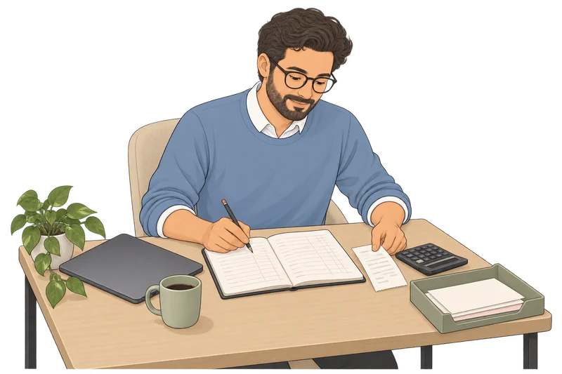Illustration of a billing specialist reconciling a ledger and receipt at his desk