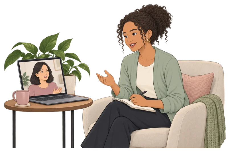 Illustration of a client success manager taking notes during a video conversation