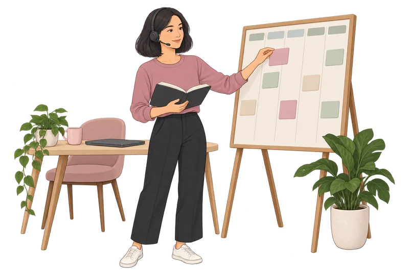 Illustration of a clinic coordinator arranging appointment cards on a planning board