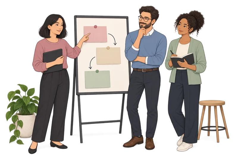 Illustration of three colleagues discussing a shared plan at a planning board