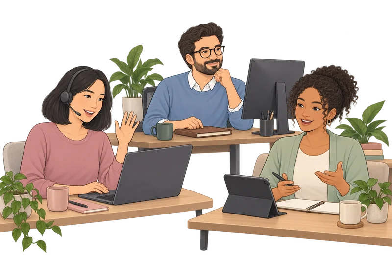Illustration of three specialists checking in from their separate workspaces