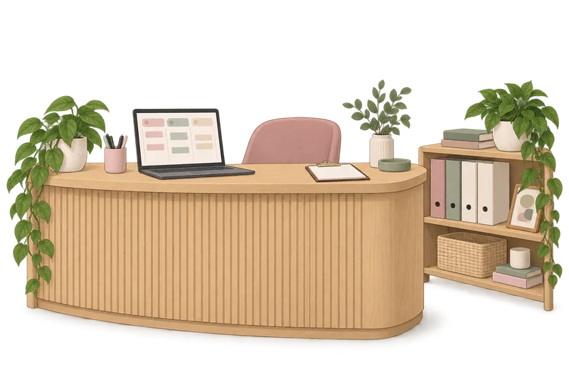 Illustrated shared practice reception with an organized appointment schedule.