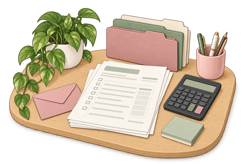 Illustrated invoices, organized folders and a calculator on an oak desk.