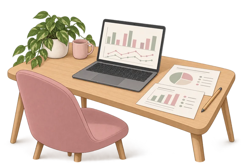 Illustrated laptop and printed reports with abstract charts, not a product screenshot.