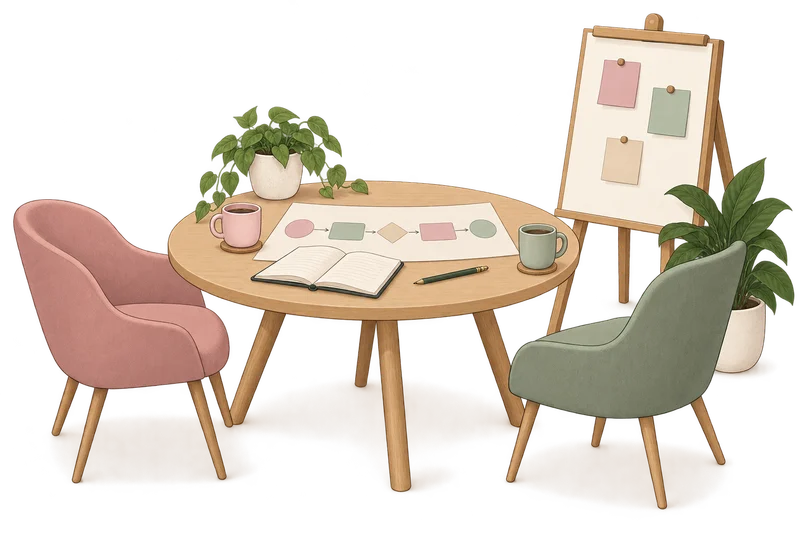 Illustrated meeting table with two chairs and a shared planning map.