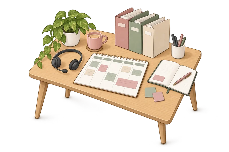 Illustrated weekly planner with a mix of administrative tasks and folders.