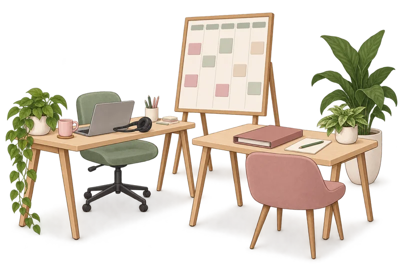 Illustrated workspaces prepared for an additional team member.