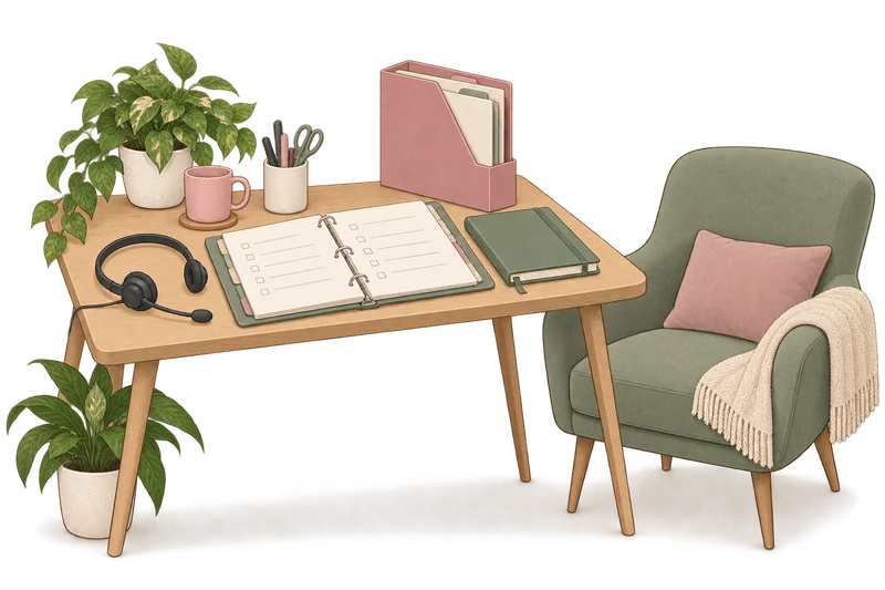 Illustrated process binder and organized administrative workspace beside a therapy chair.