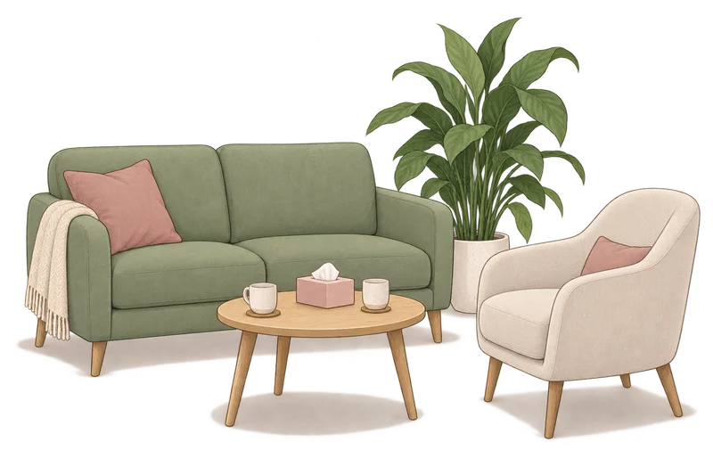 Illustrated counselling space with a sage sofa, armchair and low table.