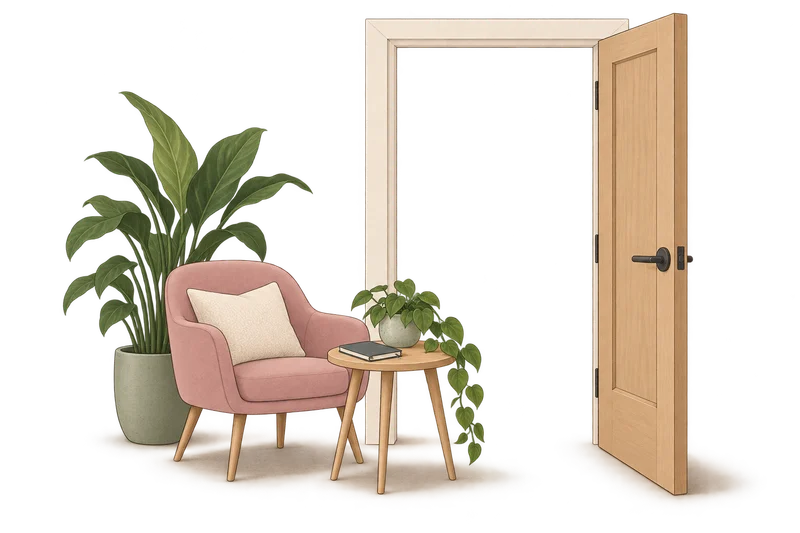 Illustrated open practice doorway with a waiting chair and a leafy plant.