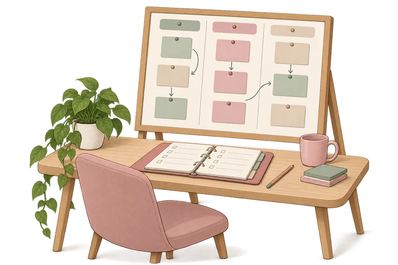 Illustrated workflow board and an open process checklist.