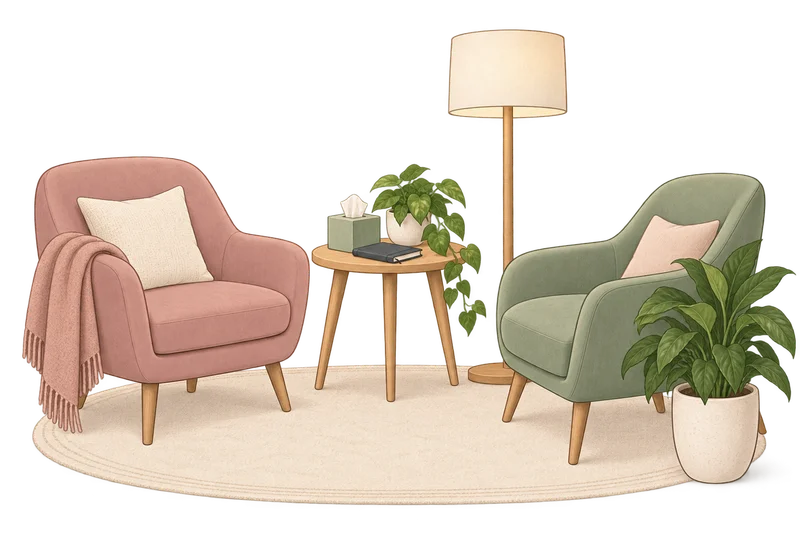 Illustrated psychology consultation space with two armchairs and a small side table.