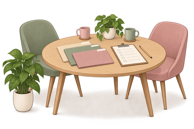 Illustrated interview table with a role checklist and anonymous candidate folders.