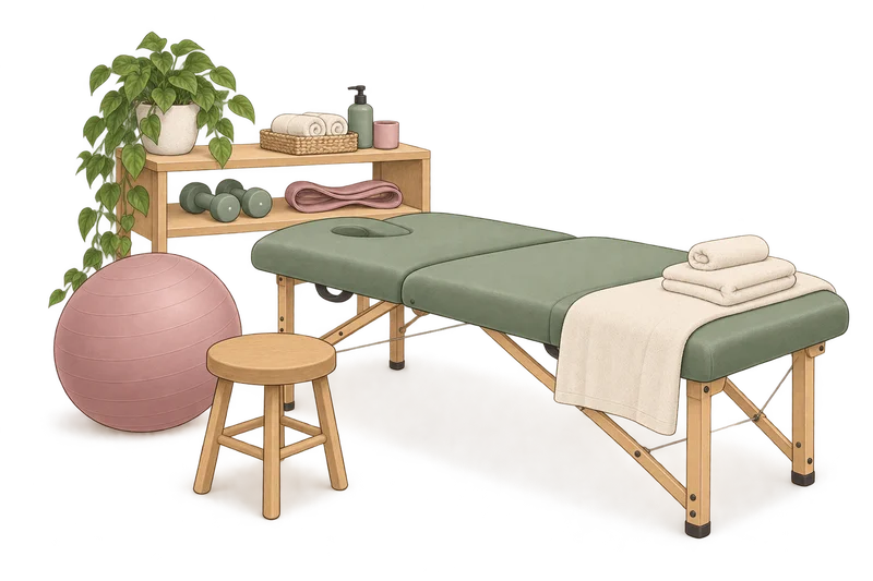 Illustrated treatment table, folded towels and physiotherapy equipment.